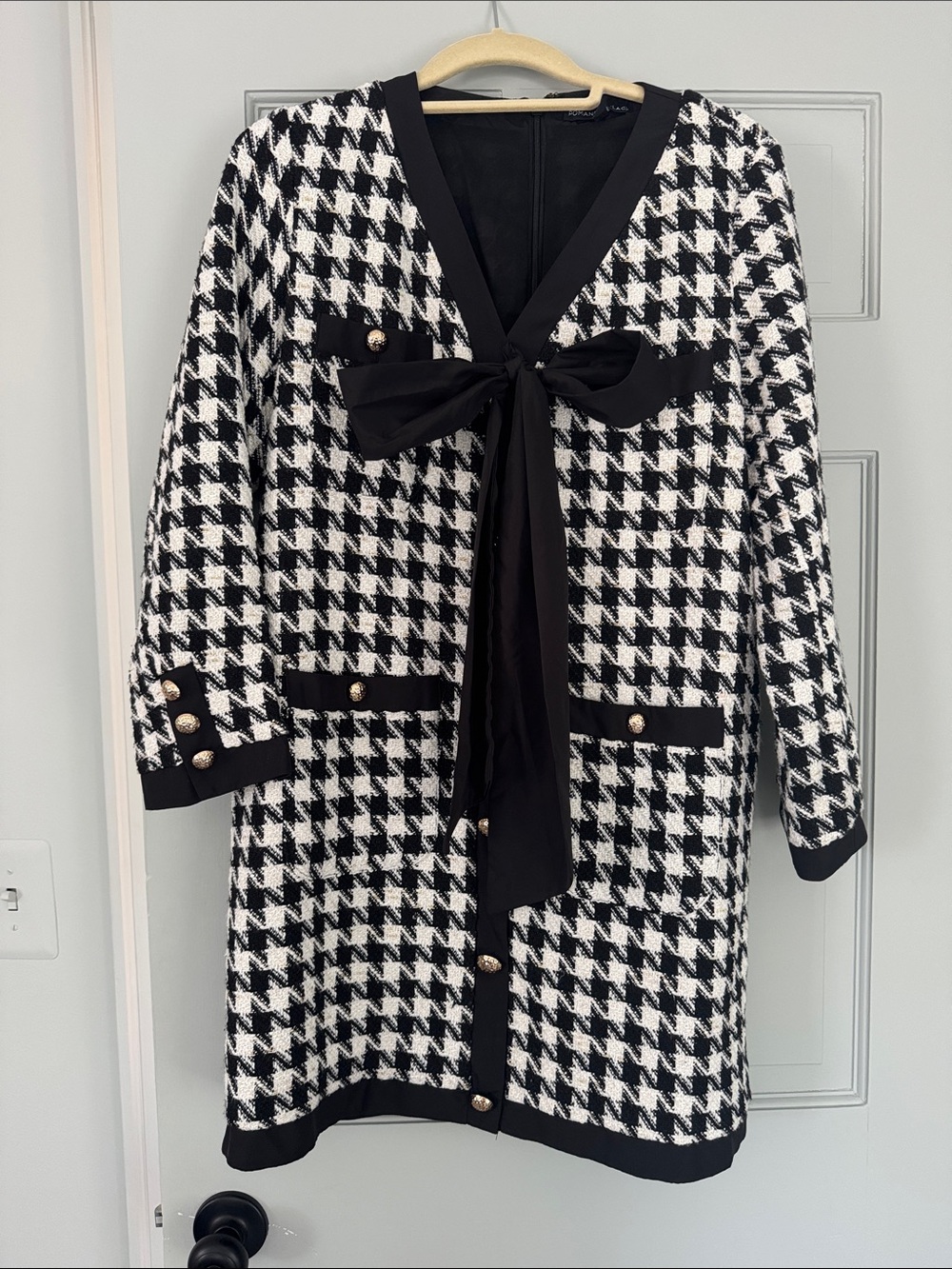 Pomander Place Black and White Houndstooth Bow-Front Dress